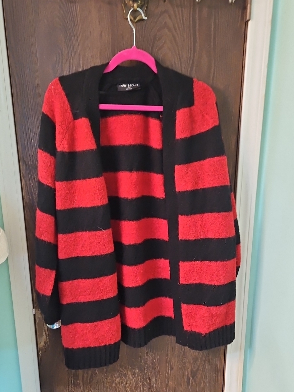 Lane Bryant Red and Black Striped Open-Front Cardigan